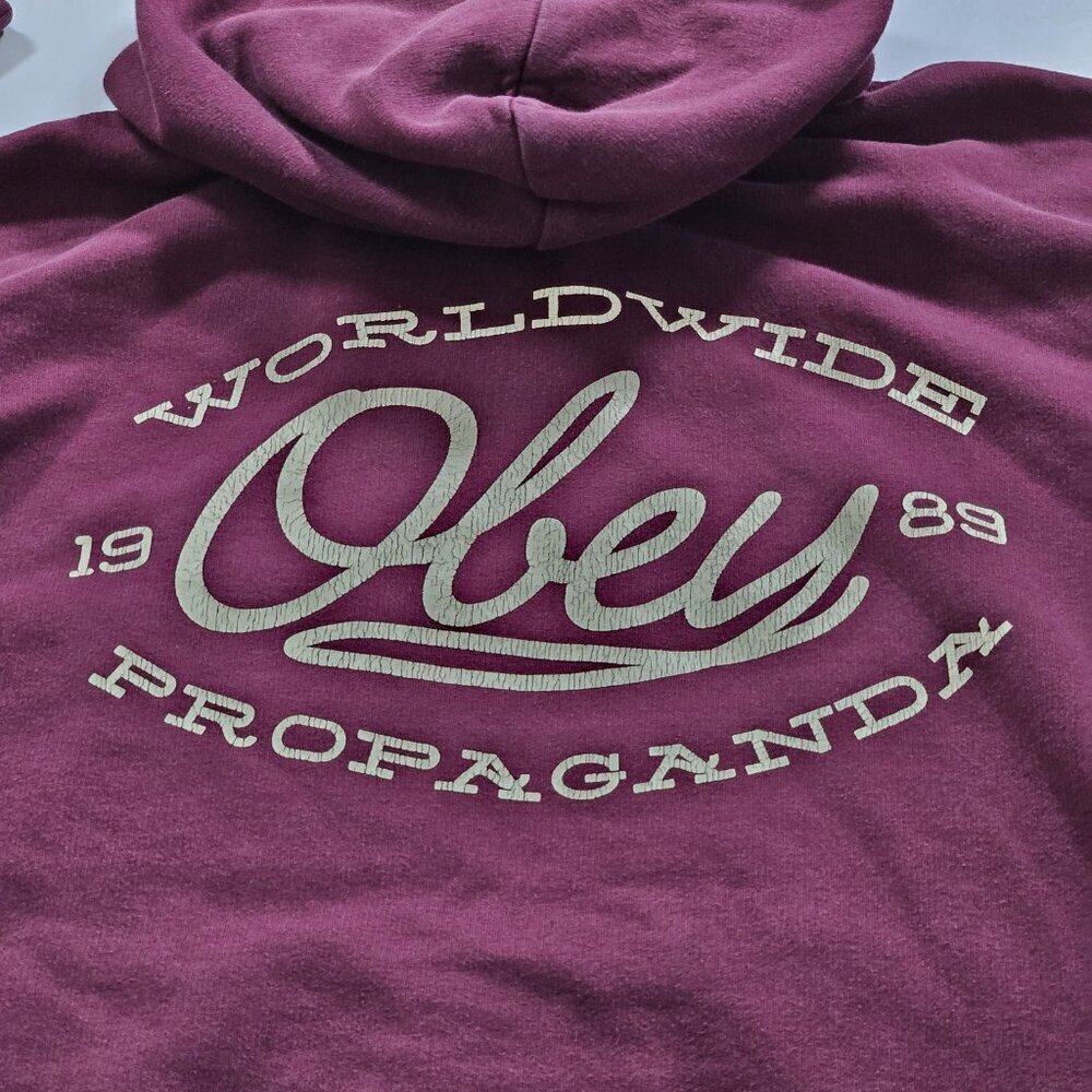 Obey Hoodie Mens L Burgundy Worldwide Propganda LS Fleece Skate Streetwear Punk - Picture 13 of 16